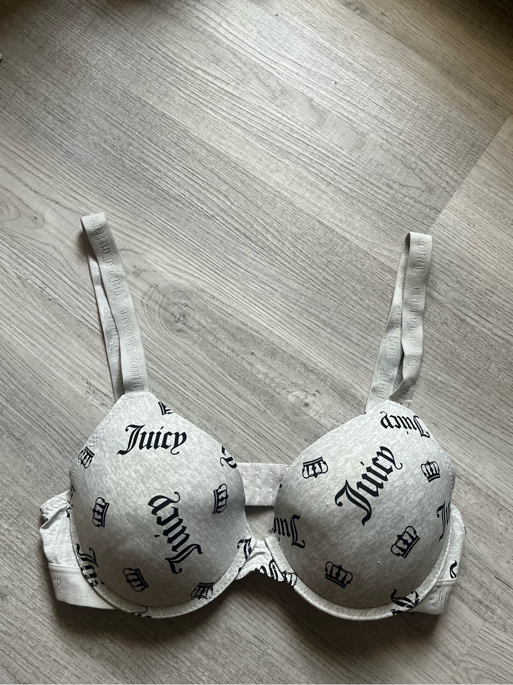 Juicy Couture Logo Print Bra 36B Gray White Crown Y2K Lingerie